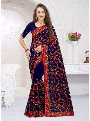 Georgette Navy Blue Embroidered Traditional Saree
