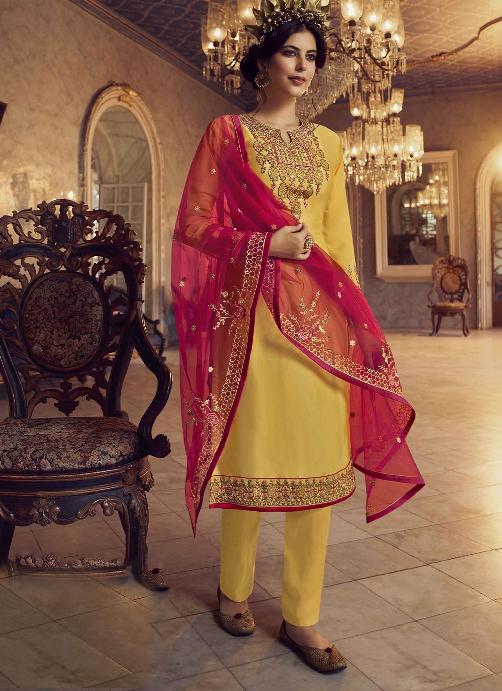 Georgette Pant Style Suit in Yellow