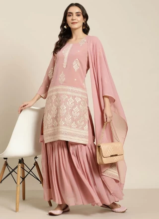 Georgette Pink Foil Print Readymade Salwar Suit