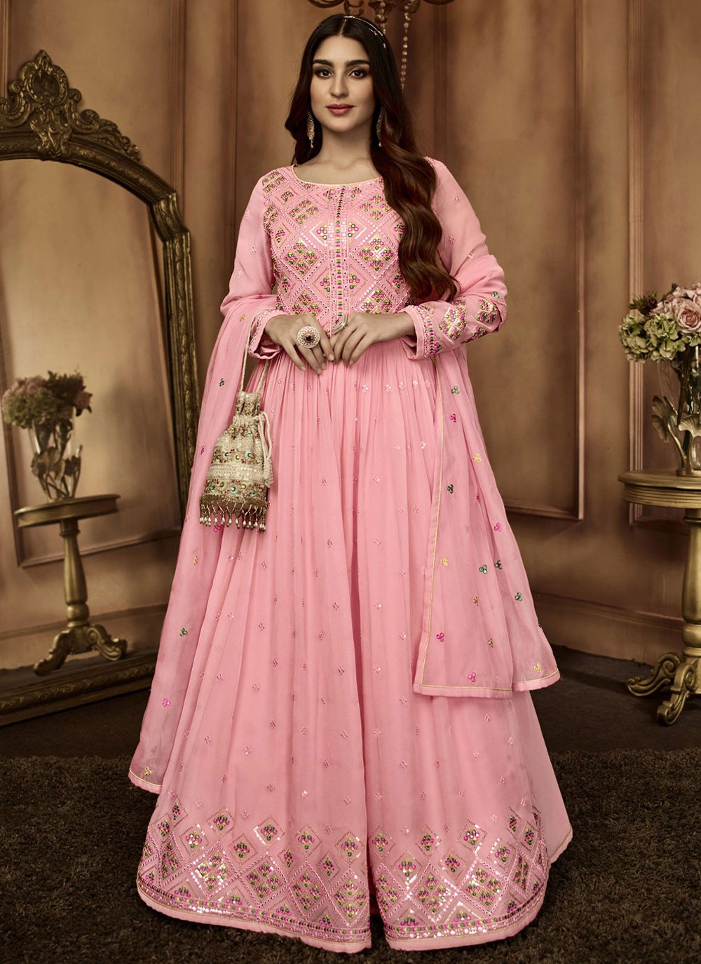 Georgette Pink Sequins Readymade Salwar Kameez