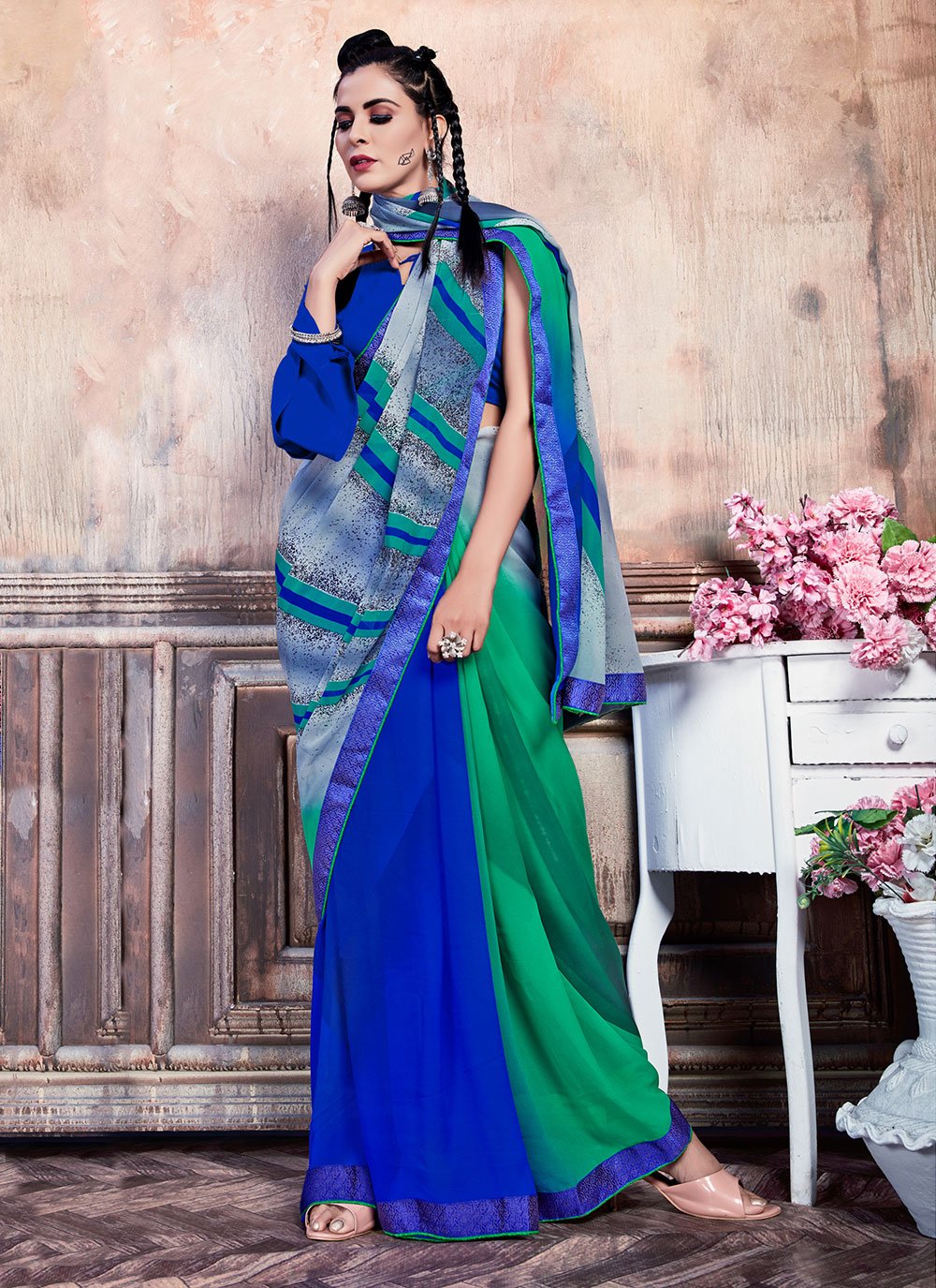 Georgette Printed Casual Saree in Blue and Green