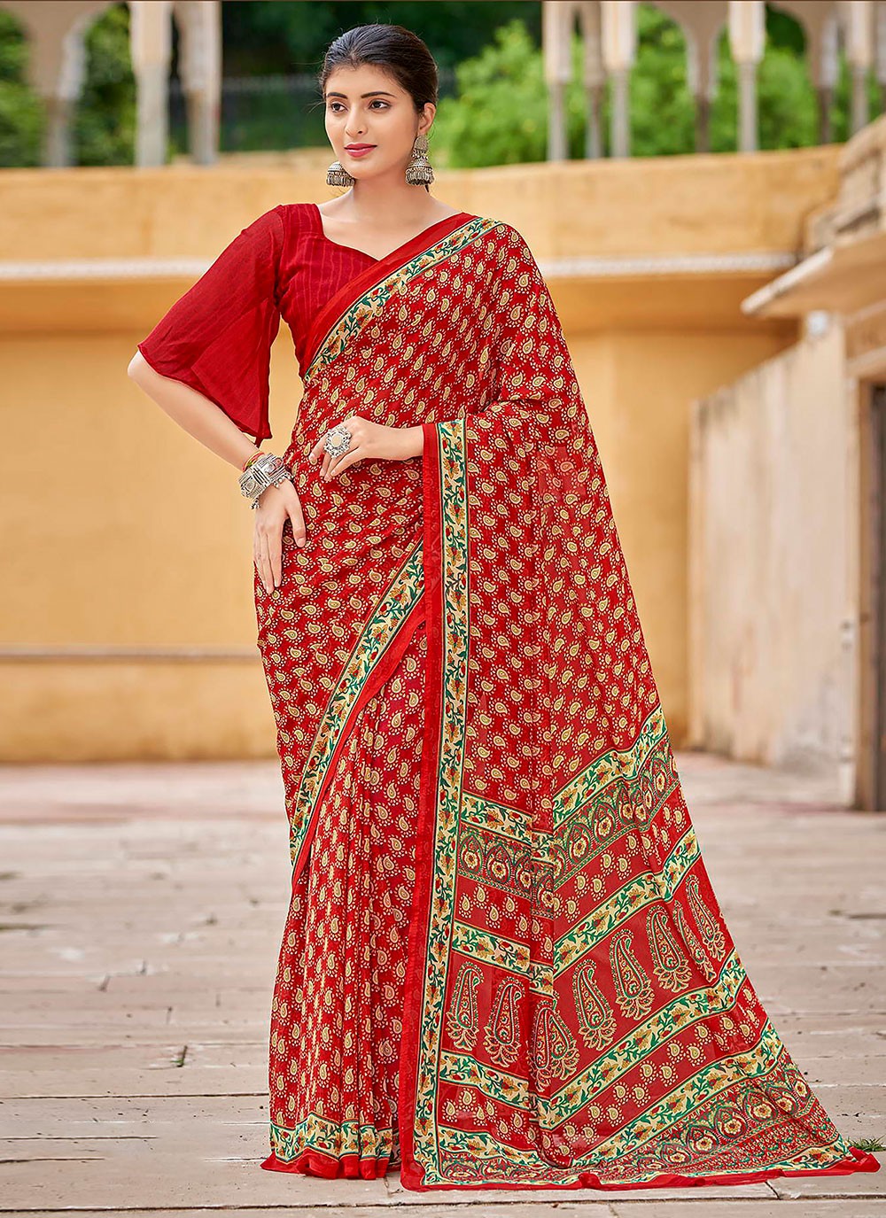 Georgette Printed Red Traditional Saree