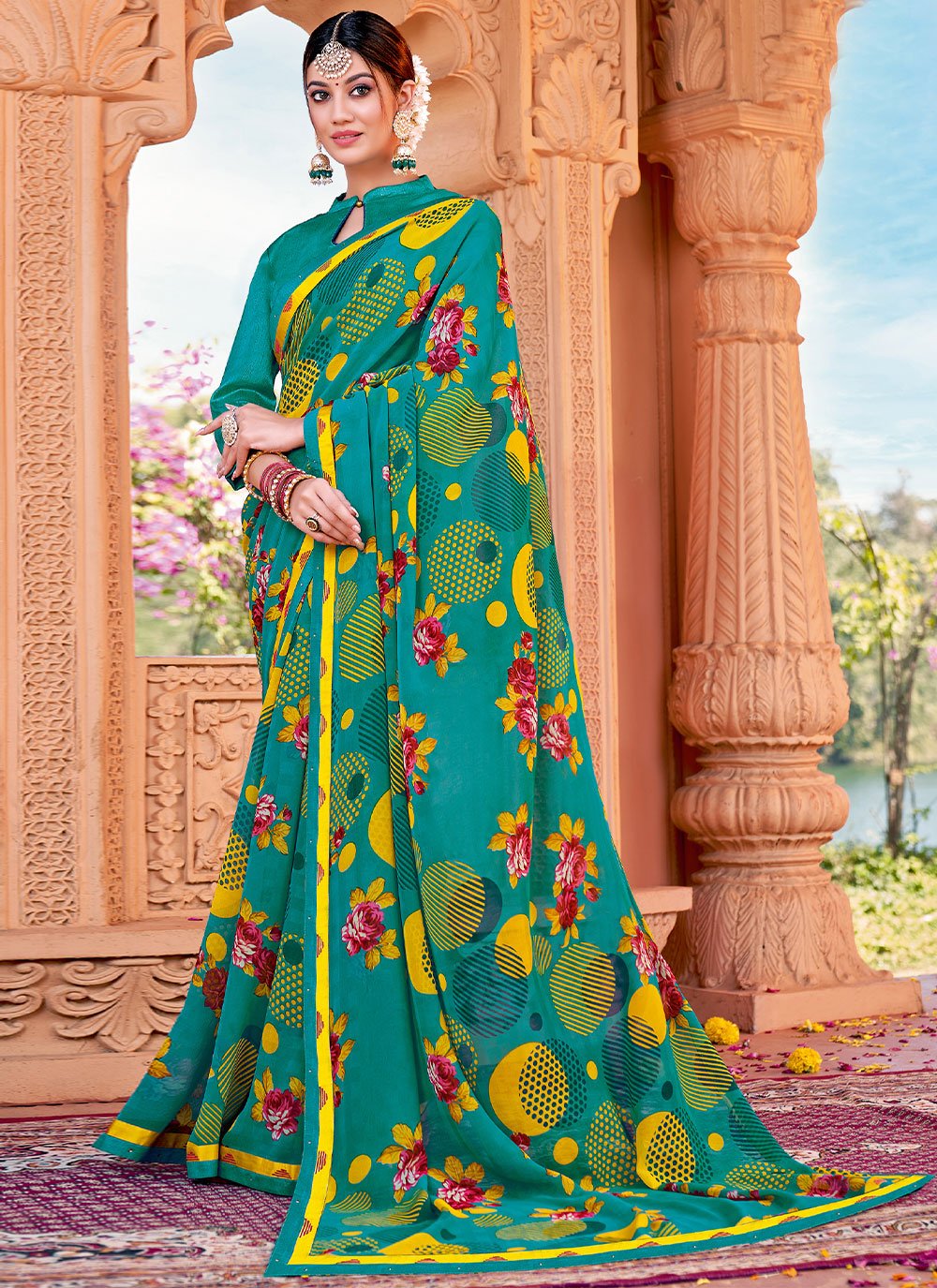 Georgette Printed Saree in Turquoise