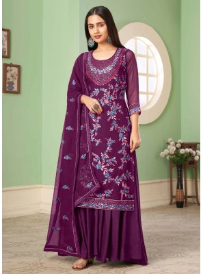 Georgette Purple Embroidered Trendy Salwar Kameez