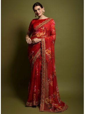 Georgette Red Border Contemporary Style Saree