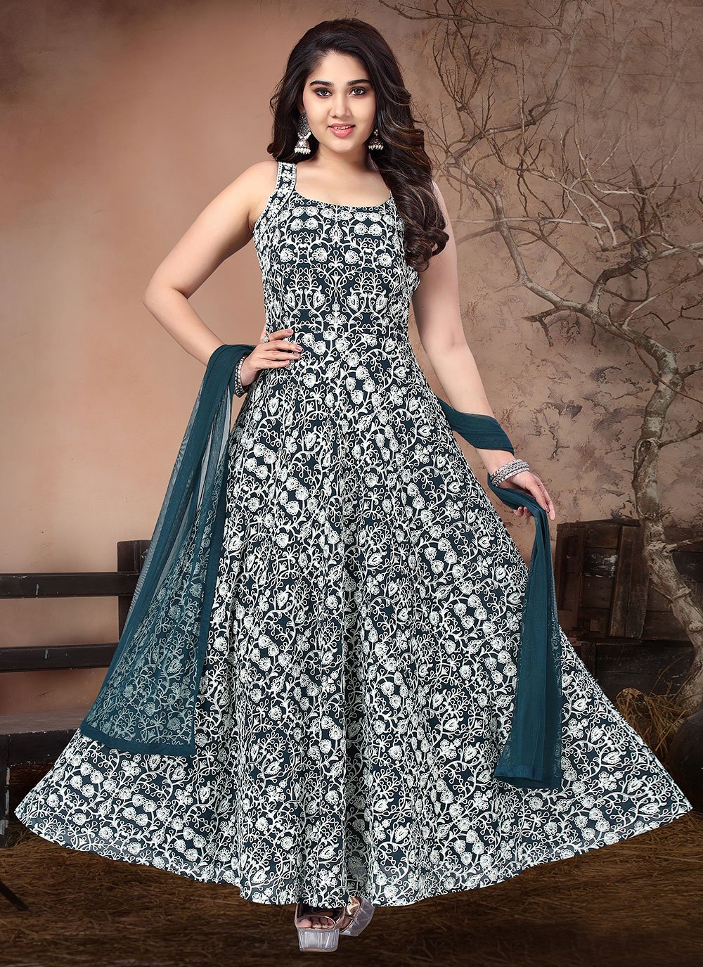 Georgette Resham Teal Readymade Gown