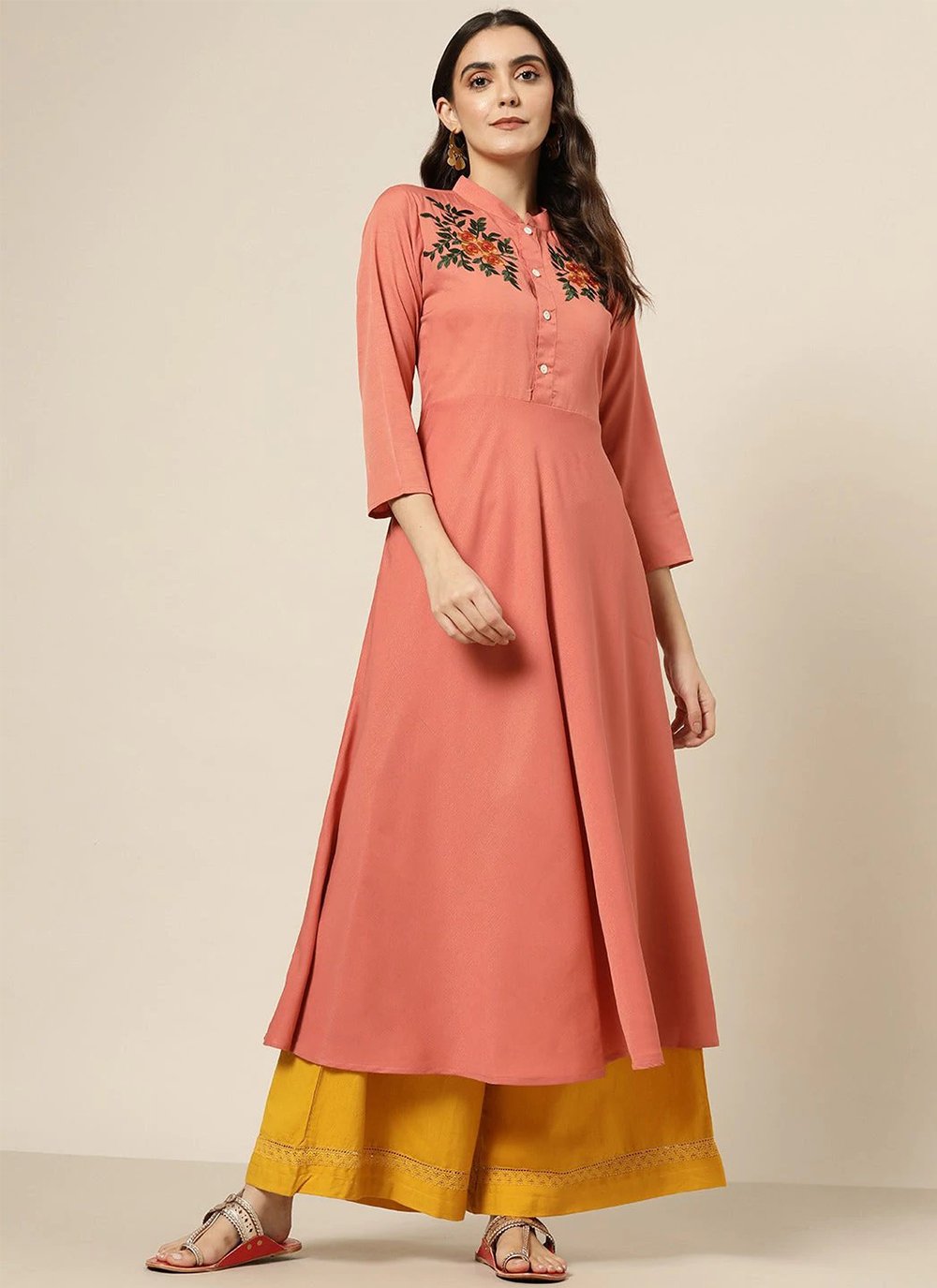 Georgette Rust Embroidered Casual Kurti