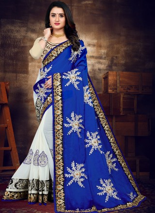 Georgette Satin Blue and Off White Designer Half N Half Saree buy online -