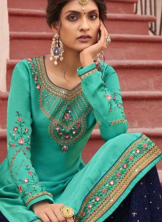 Georgette Satin Embroidered Turquoise Designer Straight Salwar Kameez