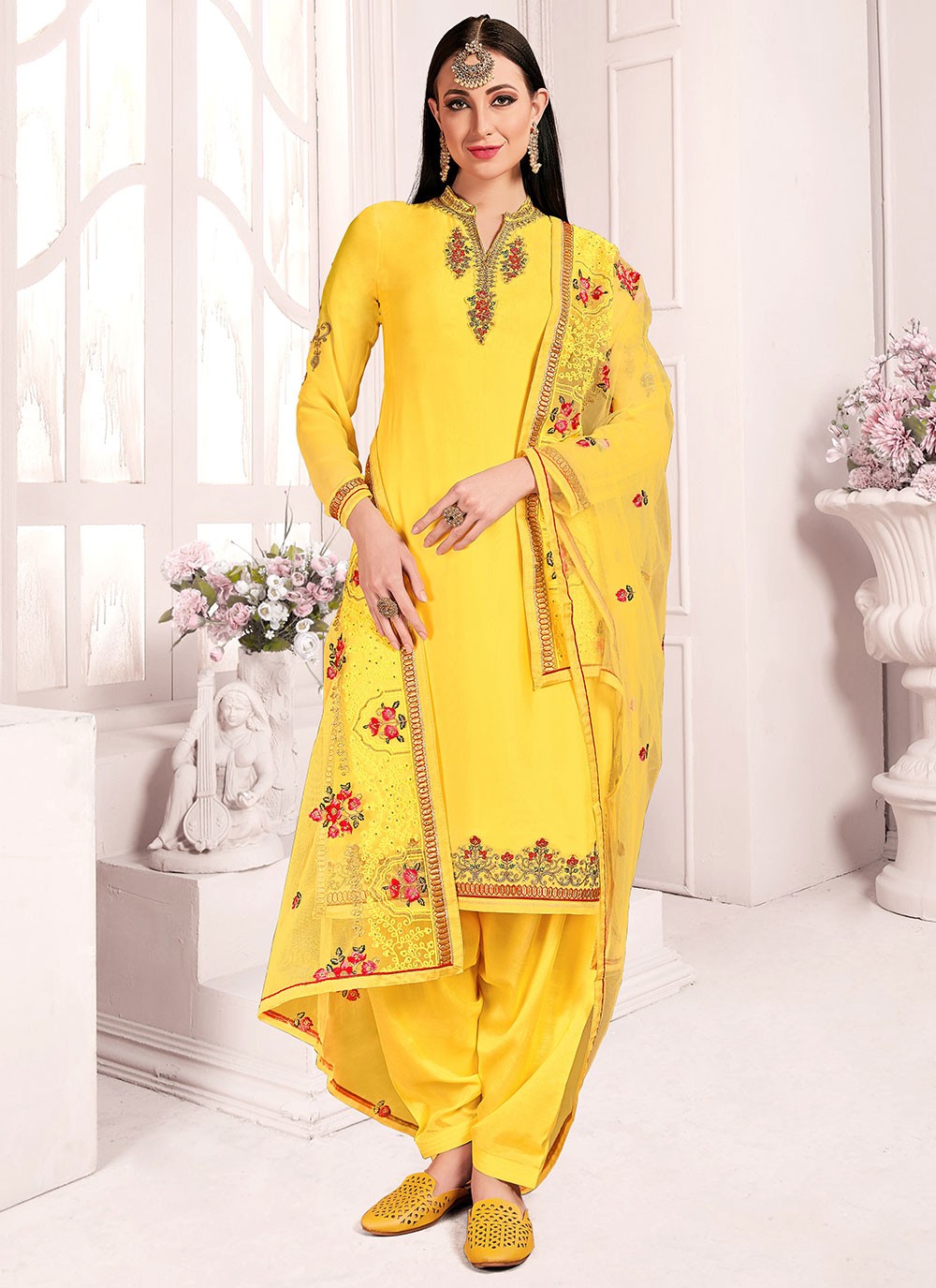 Georgette Satin Yellow Embroidered Punjabi Suit