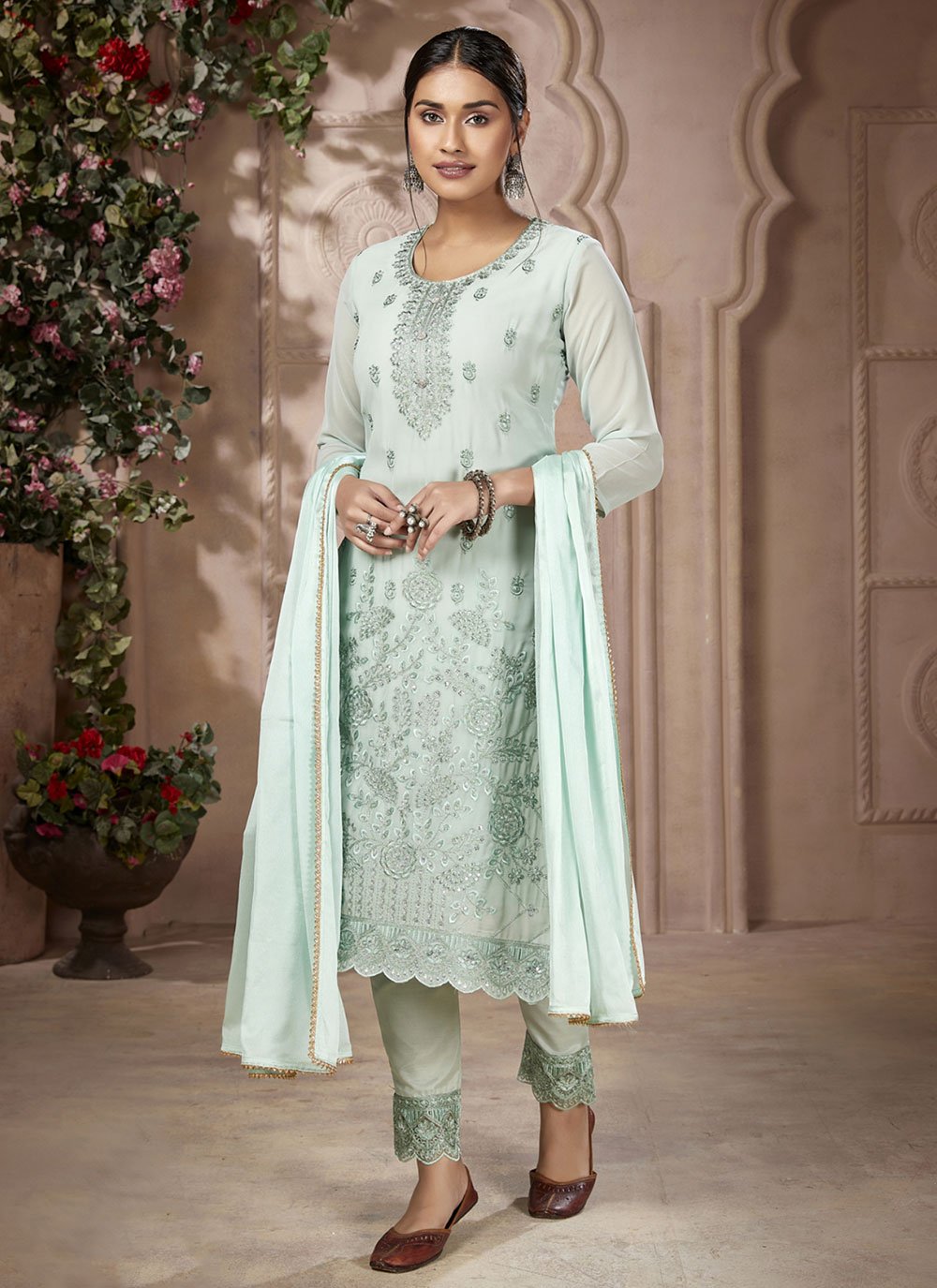 Georgette Sea Green Embroidered Salwar Suit