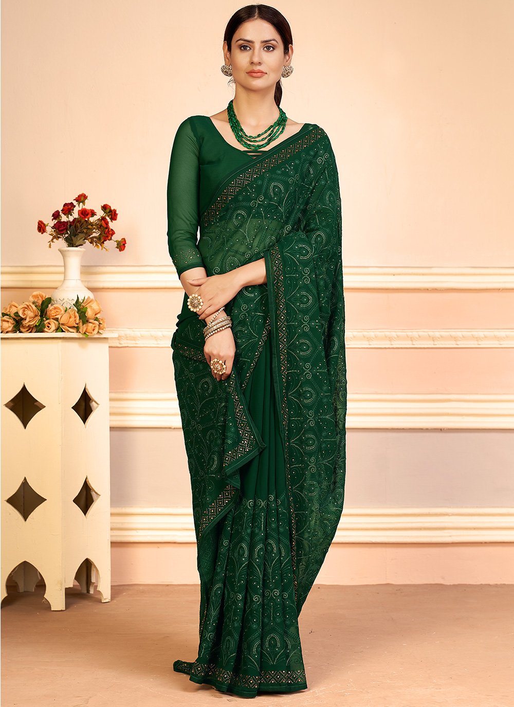 Georgette Sequins Green Classic Saree