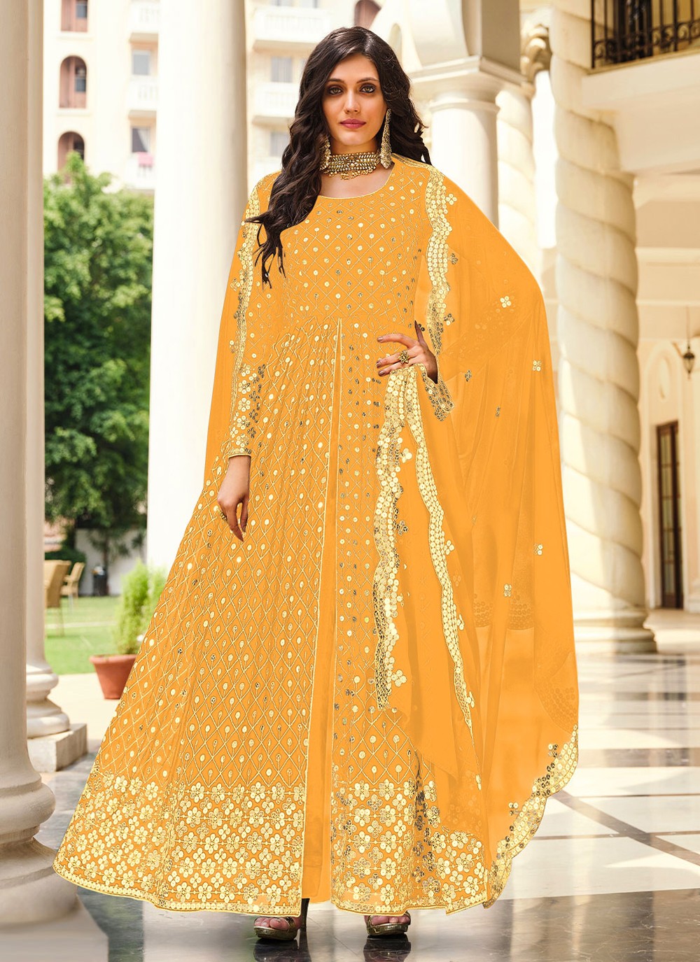 Georgette Sequins Salwar Kameez in Yellow