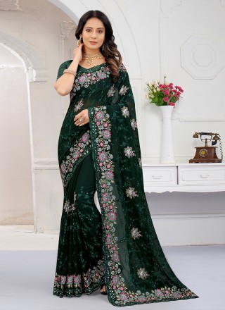 Buy Designer Sarees, Salwar Kameez, Kurtis & Tunic and Lehenga Choli.Good  Looking Chiffon Dark Green Saree