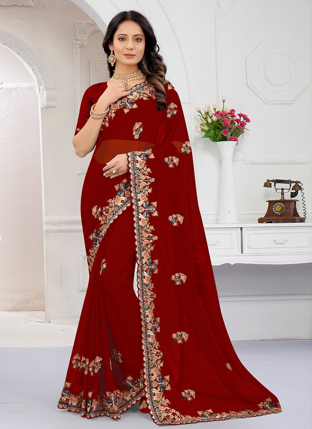 Georgette Traditional Designer Saree in Red