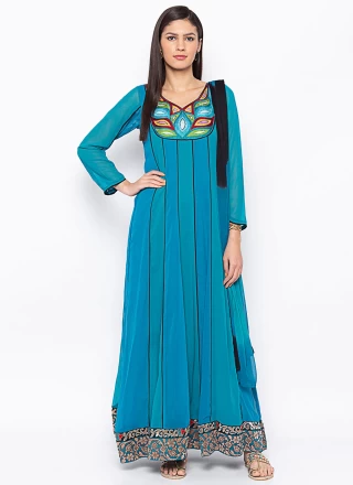 Georgette Turquoise Embroidered Kalidar Salwar Suit