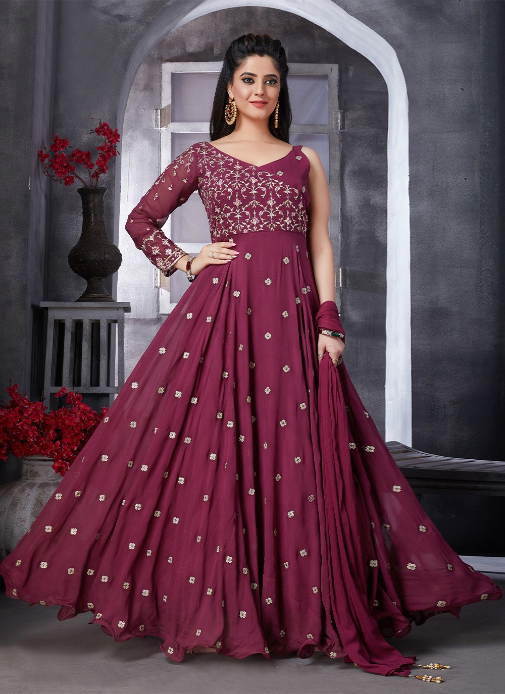 Georgette Wine Embroidered Readymade Gown