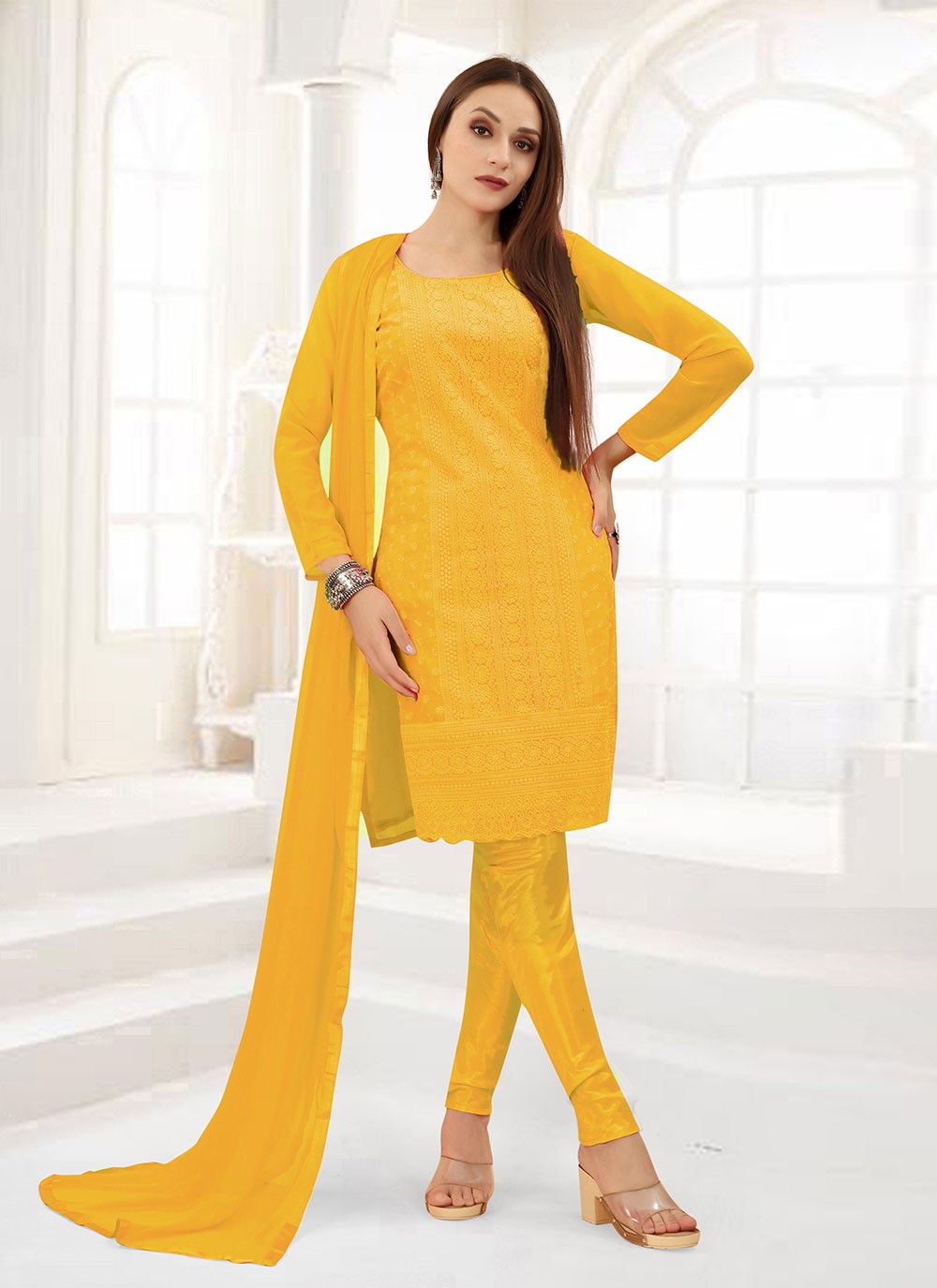 Georgette Yellow Embroidered Salwar Suit