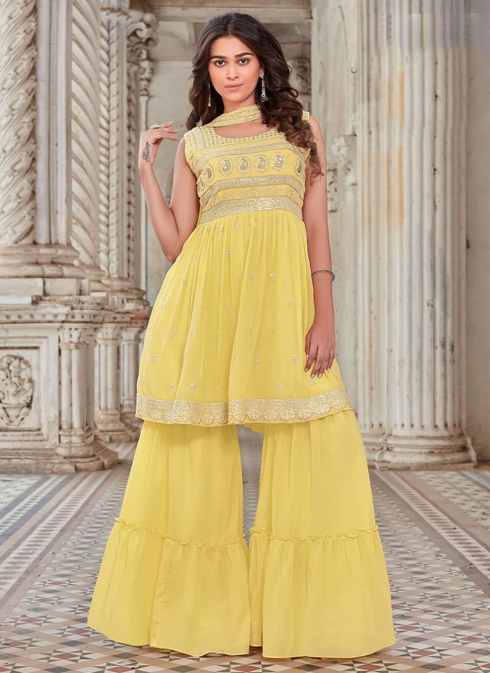 Georgette Yellow Embroidered Salwar Suit