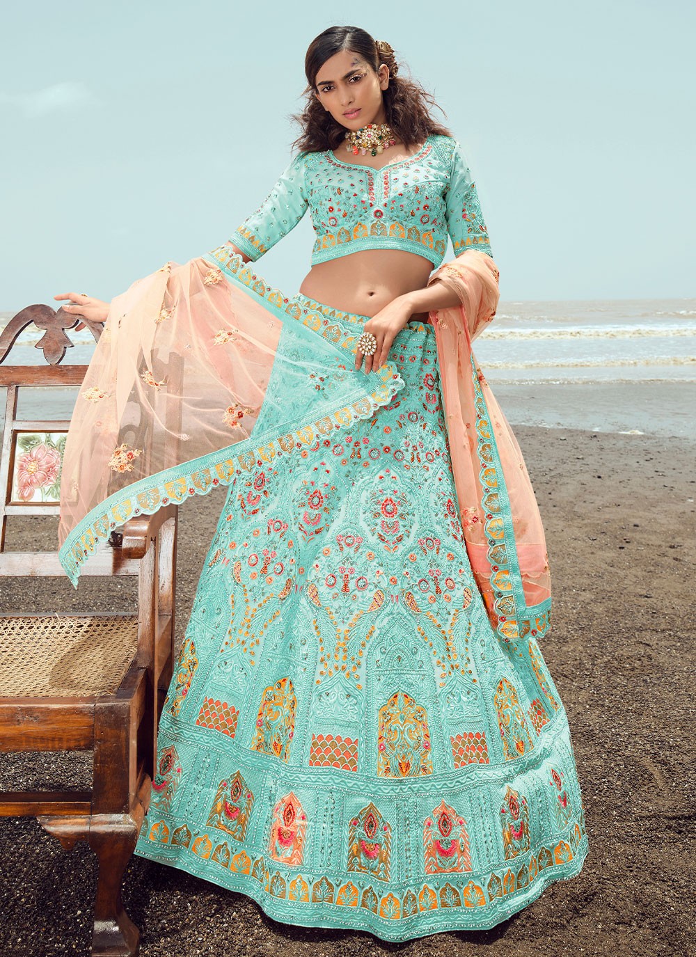Buy Turquoise Embroidered A Line Lehenga Wedding Wear Online at Best Price  | Cbazaar