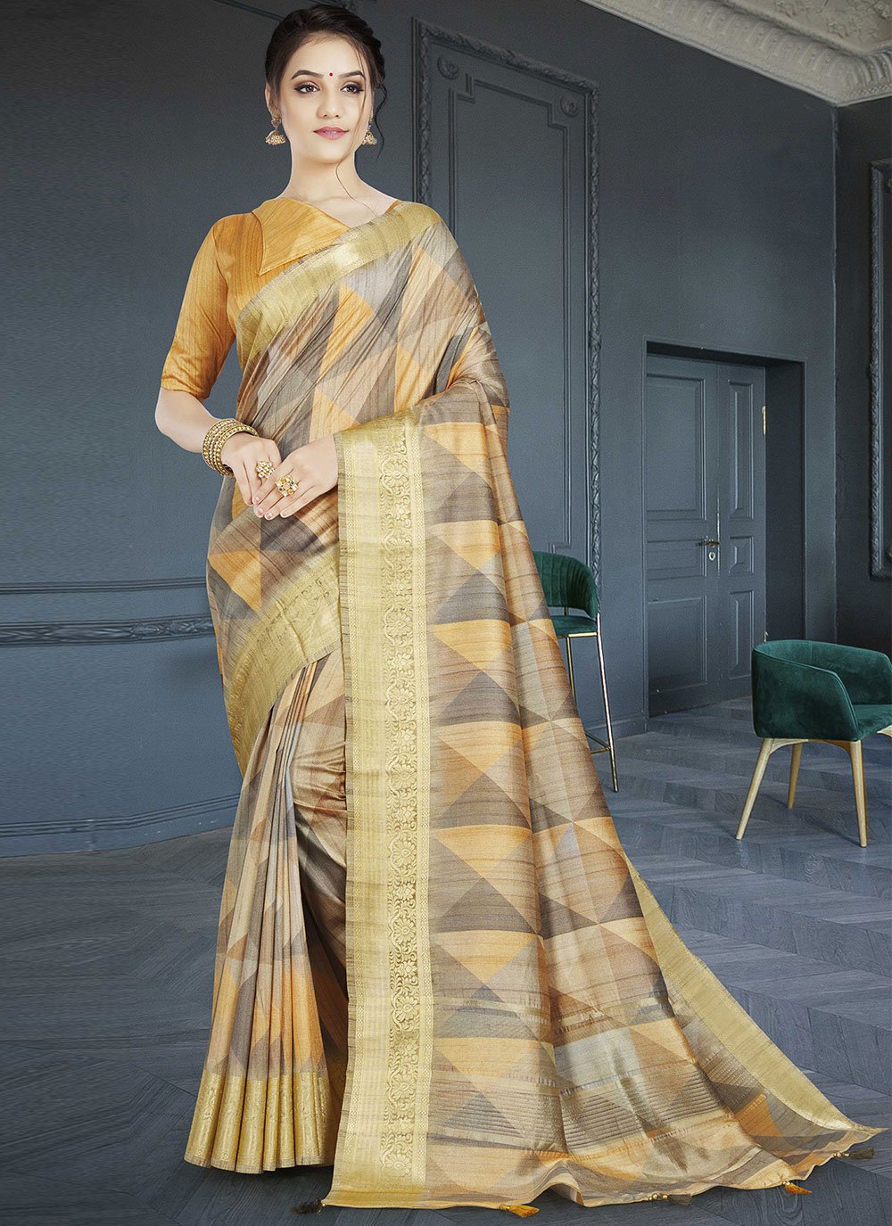 Gold Designer Traditional Saree In Ceremonial