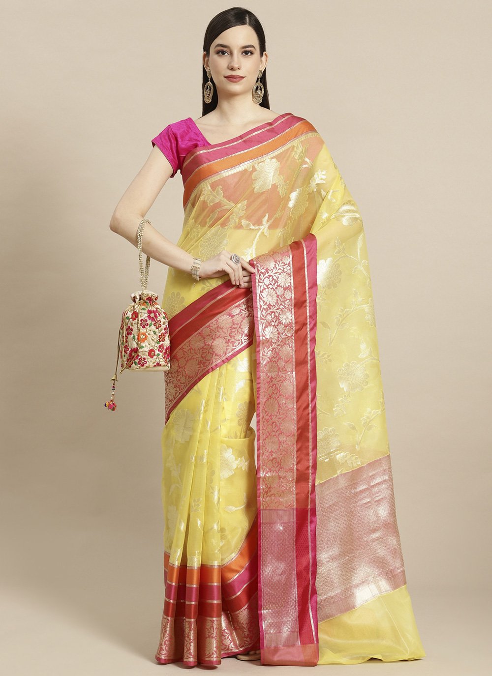 Gold Engagement Banarasi Silk Designer Traditional Saree