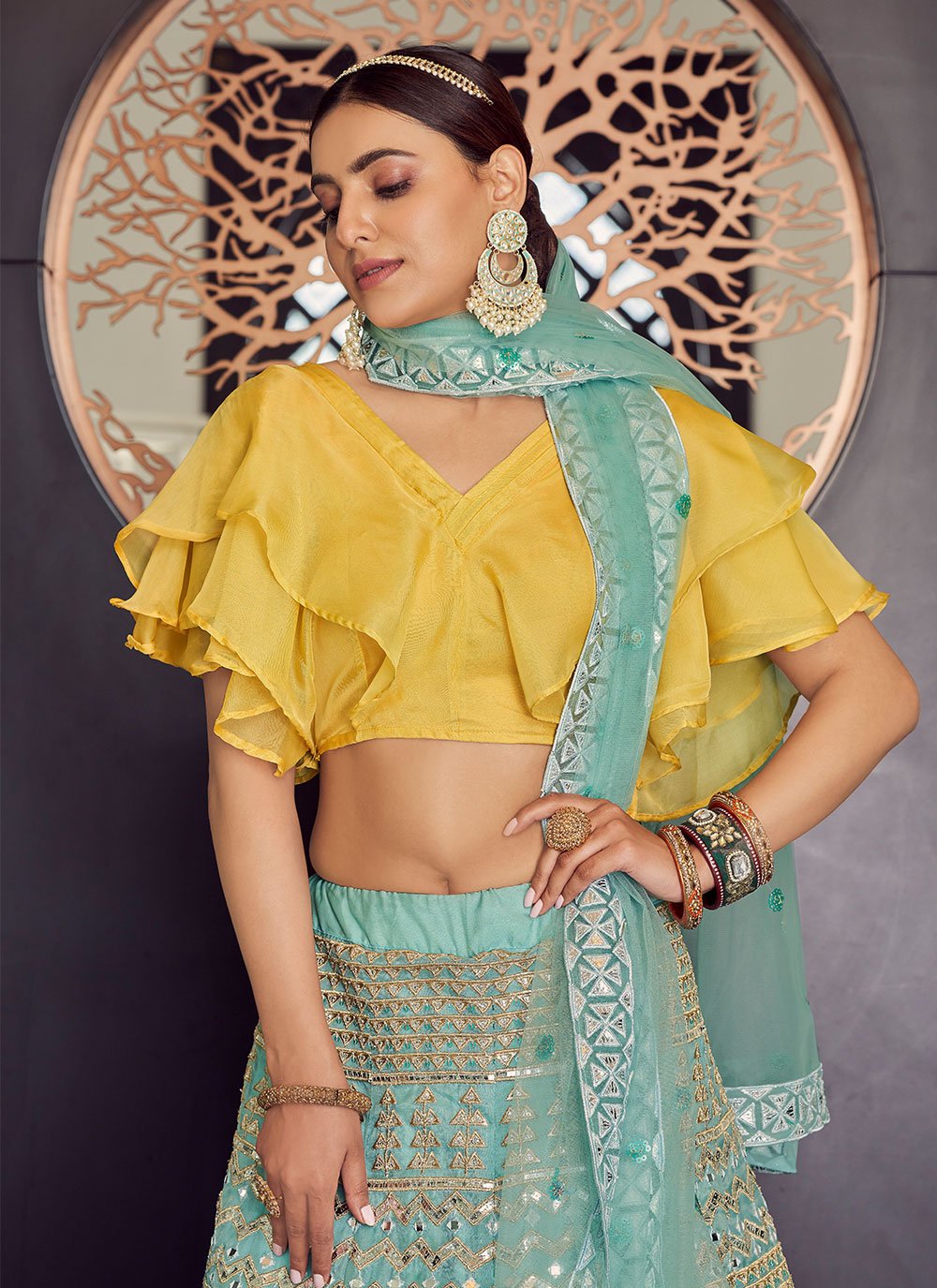 Clamp Dye Organza Gota Patti Lehenga Set - Yellow – Naina Jain