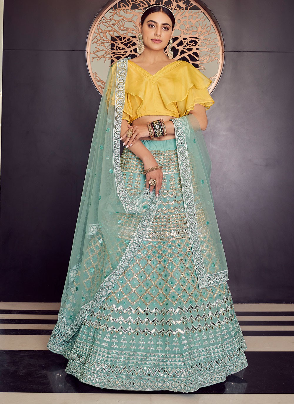 Buy Peach Georgette Embroidery Gota Patti Adha Lehenga Saree With Blouse  For Women by Rabani & Rakha Online at Aza Fashions.