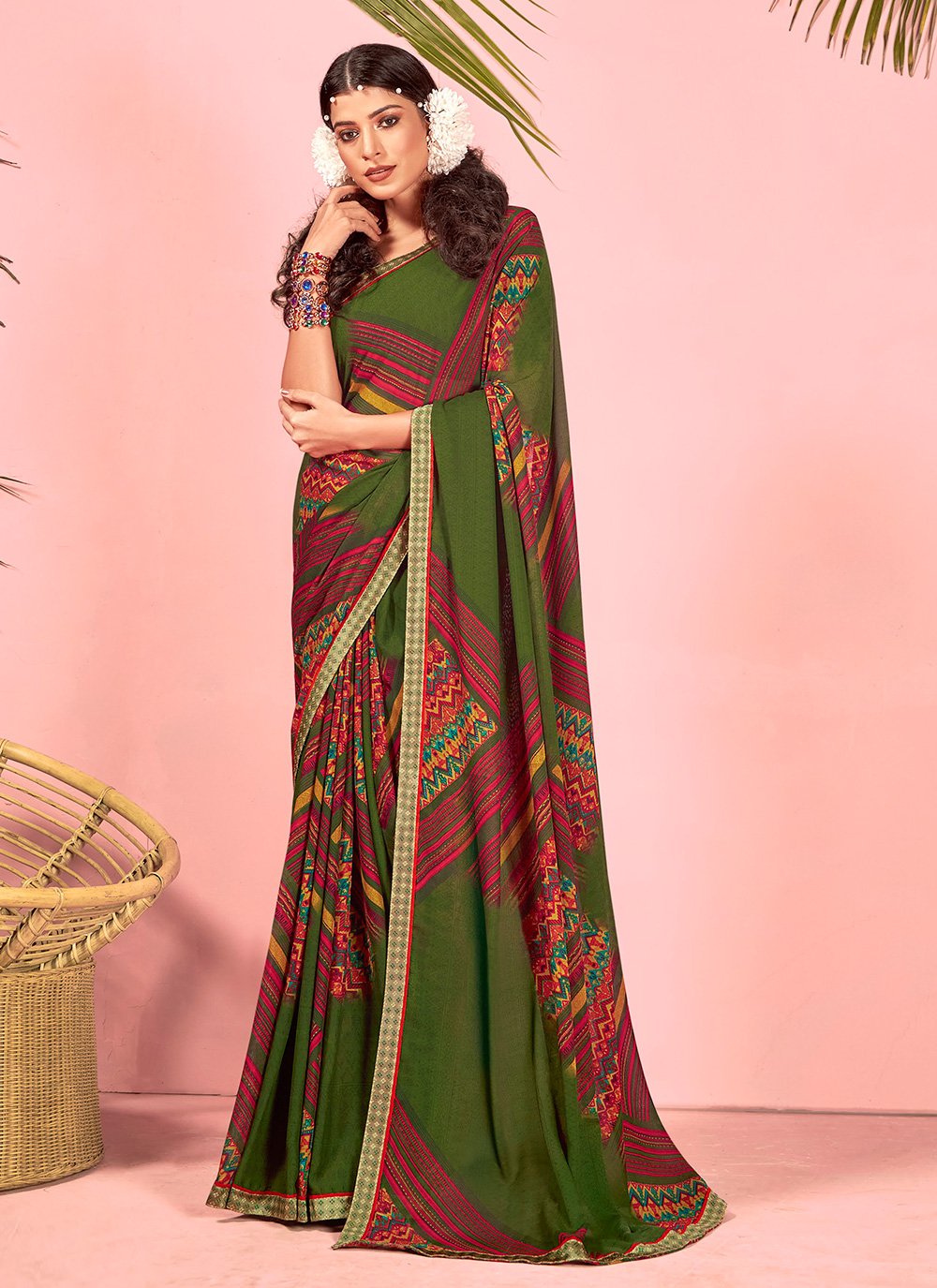 Green Abstract Print Faux Georgette Saree