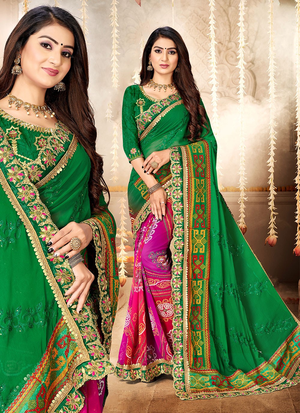 Pink Jaquard Semi-Stitched Half Saree with Green Border & Green Unstitched  Blouse With Dupatta - ShopGarb - 4069920