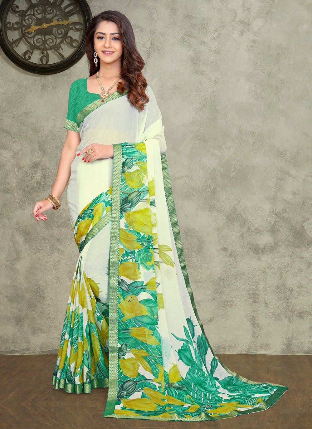 Green and Off White Festival Saree