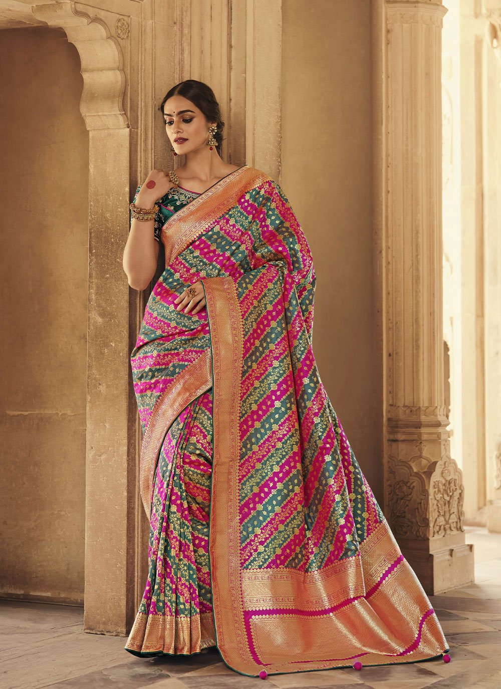 Green and Pink Weaving Silk Designer Traditional Saree