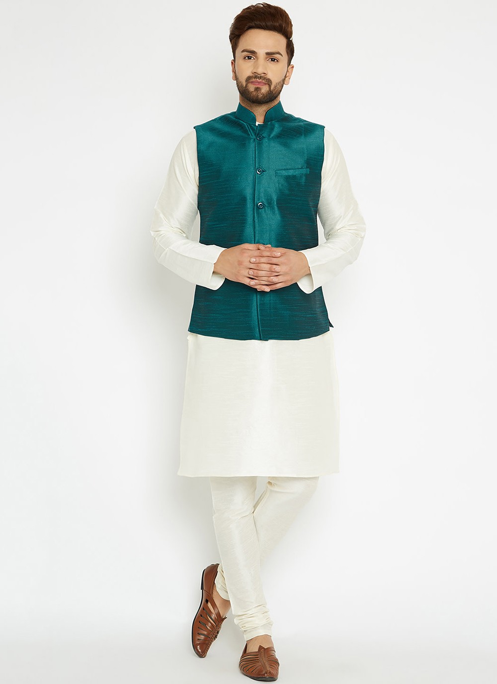 Green and White Fancy Dupion Silk Kurta Payjama With Jacket