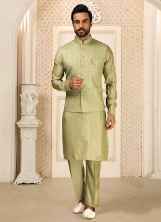 Green Art Banarasi Silk Kurta Payjama With Jacket