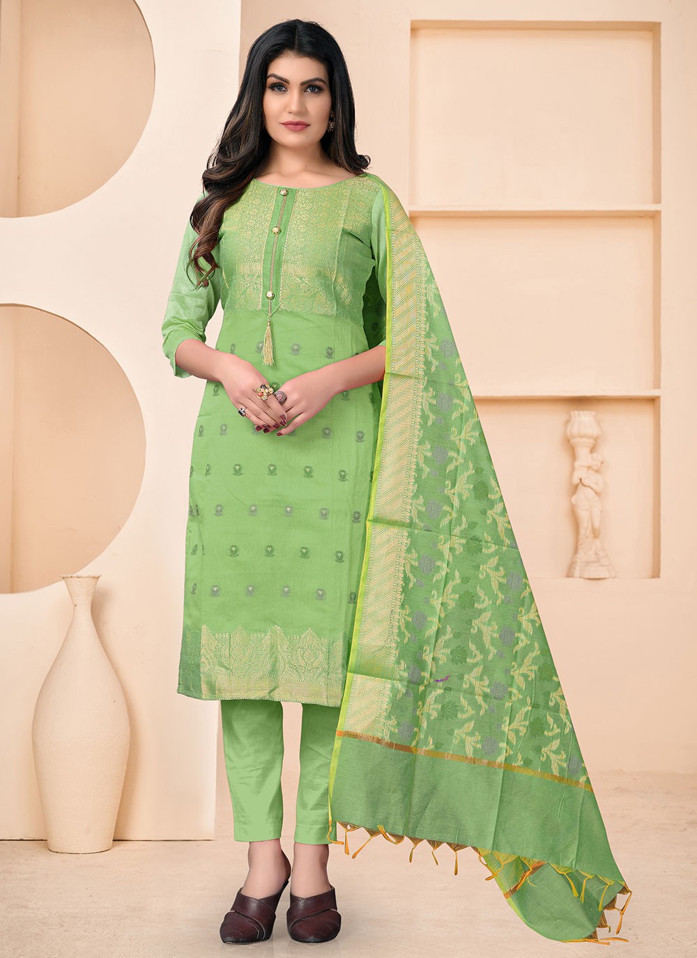 Green Banarasi Jacquard Festival Pant Style Suit