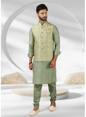 Green Banarasi Silk Engagement Kurta Payjama With Jacket
