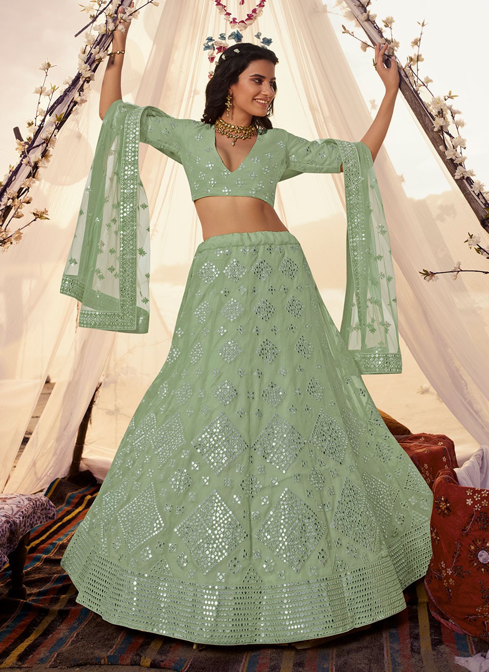 Green Wedding Wear Floral Embroidery With Dori Work Velvet Lehenga Choli