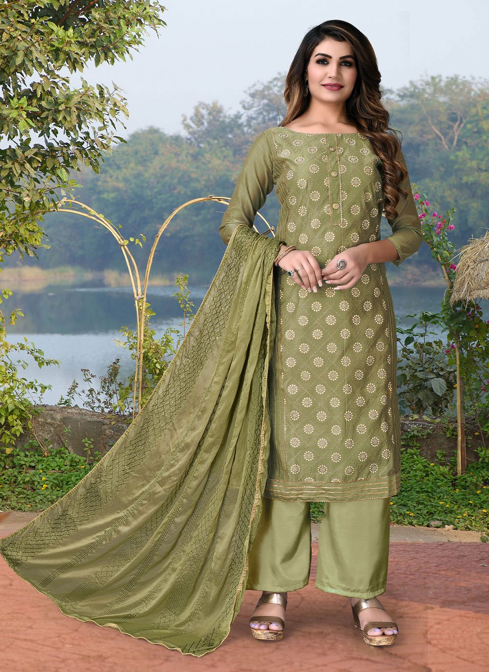 Green Casual Chanderi Cotton Trendy Salwar Suit