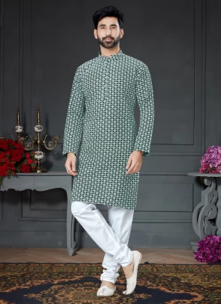 Green Ceremonial Art Silk Cotton Kurta Pyjama
