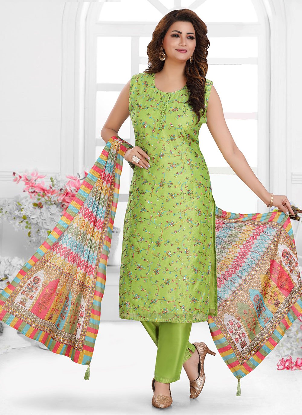 Green Chanderi Silk Festival Trendy Salwar Suit
