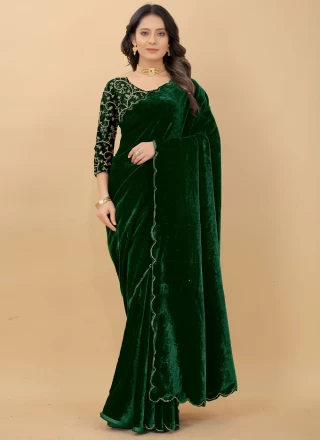 Georgette Bottle Green Velvet Saree, 6.3 m (with blouse piece) at