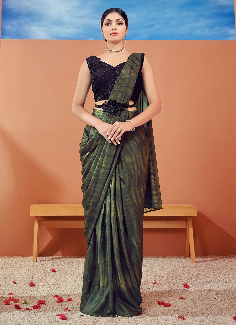 Buy Green Lycra Party Wear Hand Work Readymade Saree Online From Wholesalez.
