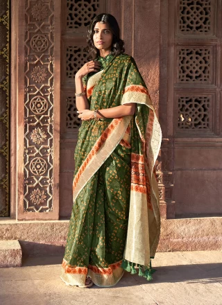 Green Digital Print Linen Trendy Saree