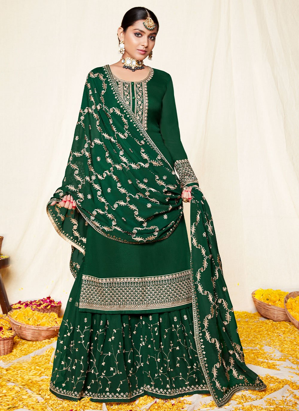 Green Embroidered Bridal Designer Palazzo Salwar Kameez