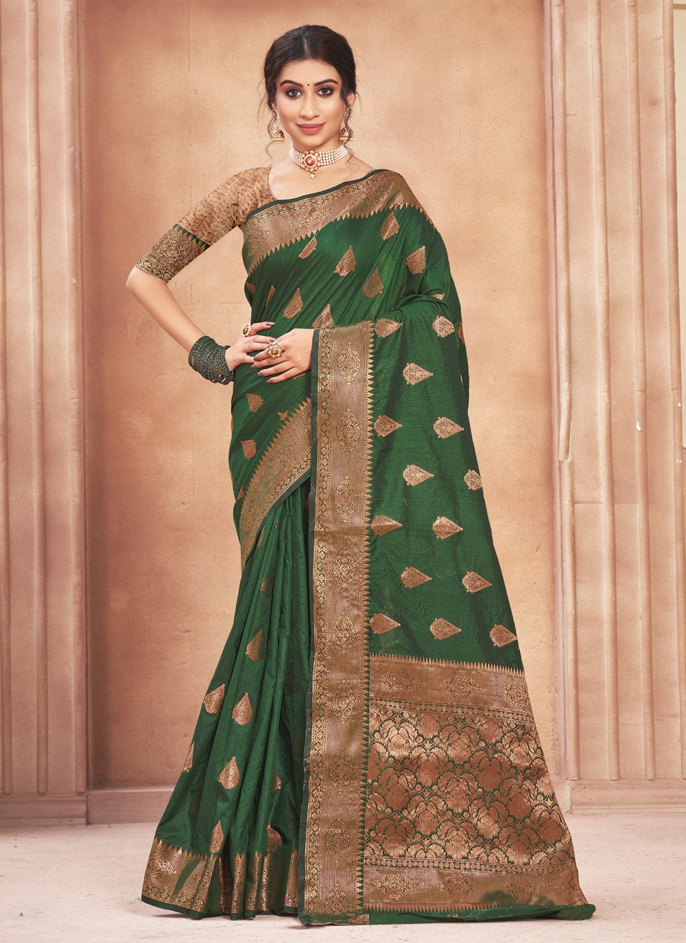 Green Embroidered Cotton Silk Classic Saree
