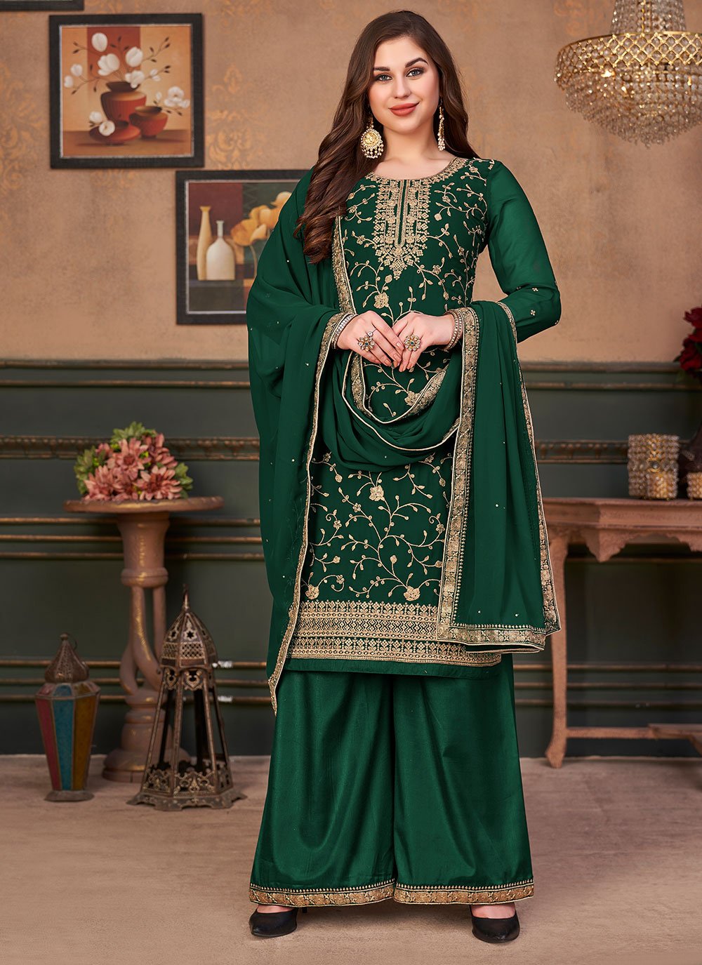 Buy Green Embroidered Faux Georgette ...