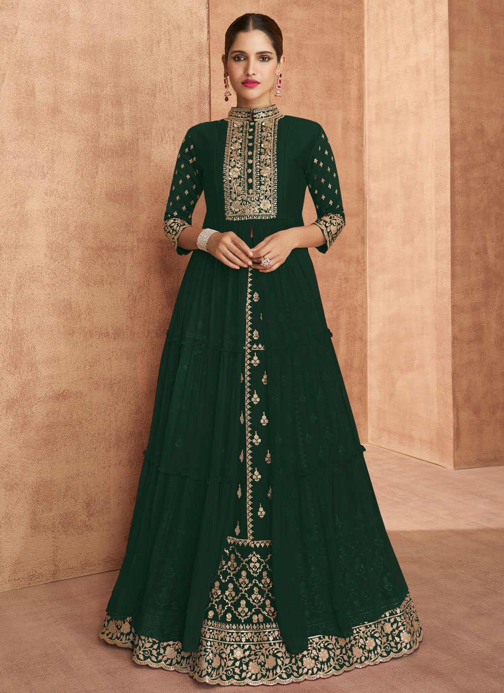 Shop Green Embroidered Faux Georgette Long Choli Lehenga Online 219221 Lehenga Choli