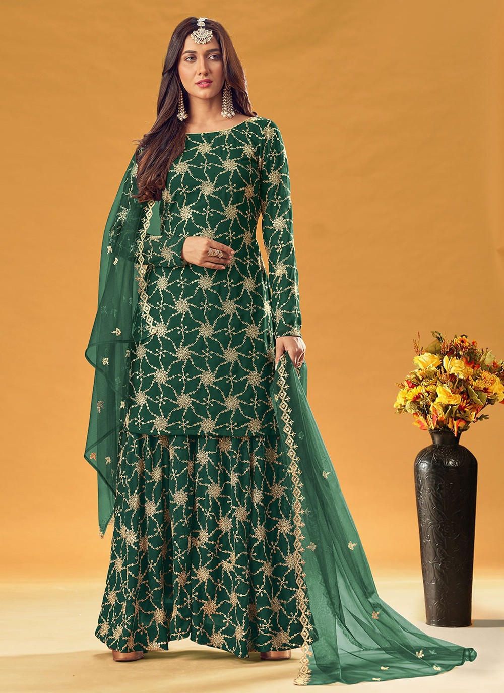 Green Embroidered Faux Georgette Palazzo Salwar Suit