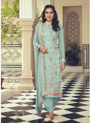 Green Embroidered Faux Georgette Pant Style Suit