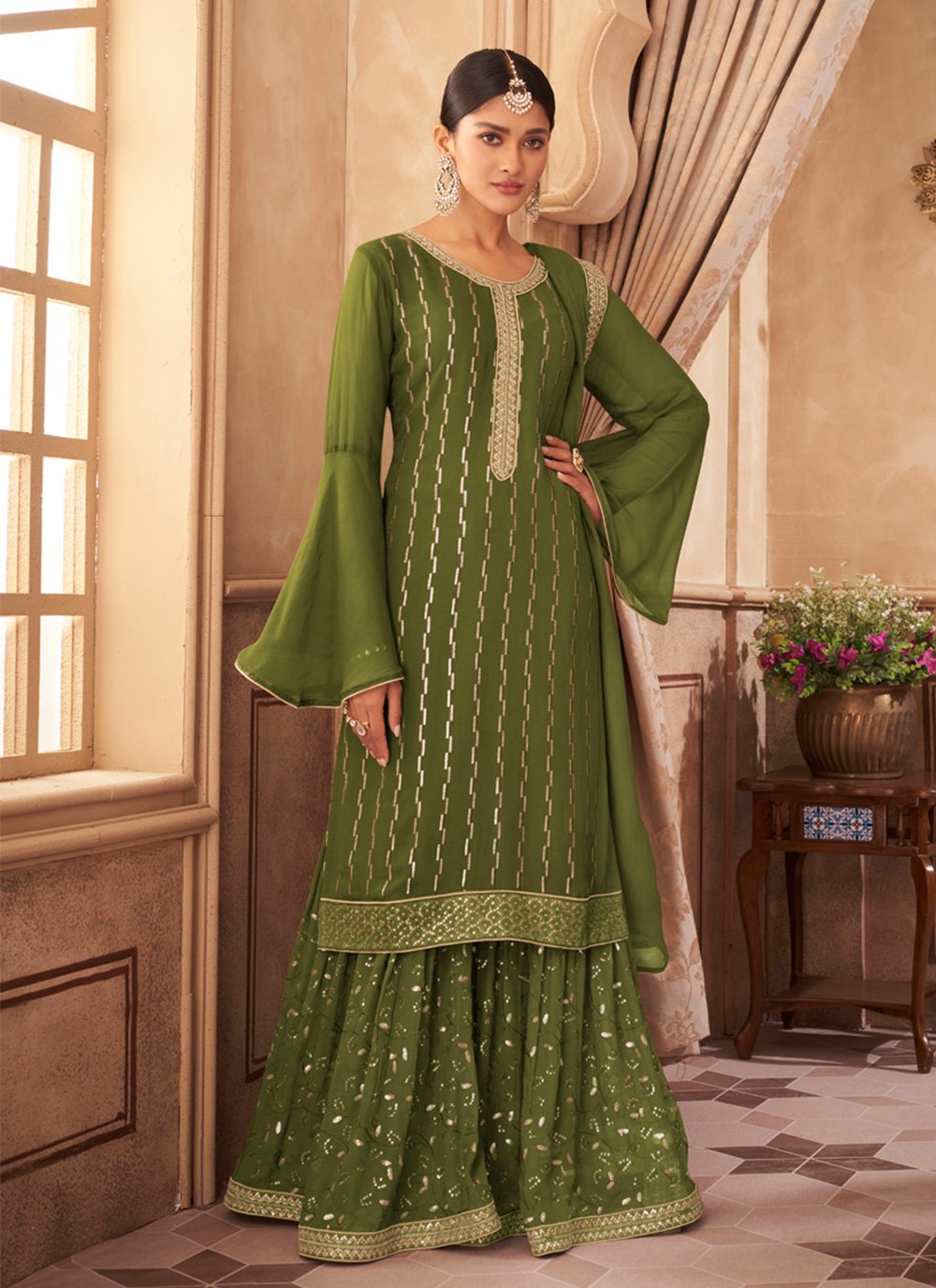 Green Embroidered Faux Georgette Readymade Salwar Kameez